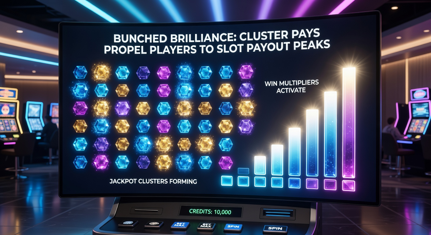 Dynamic close-up of a cluster pays bonus round, with glowing symbol bunches multiplying across an expanded grid and a jackpot meter surging toward record heights
