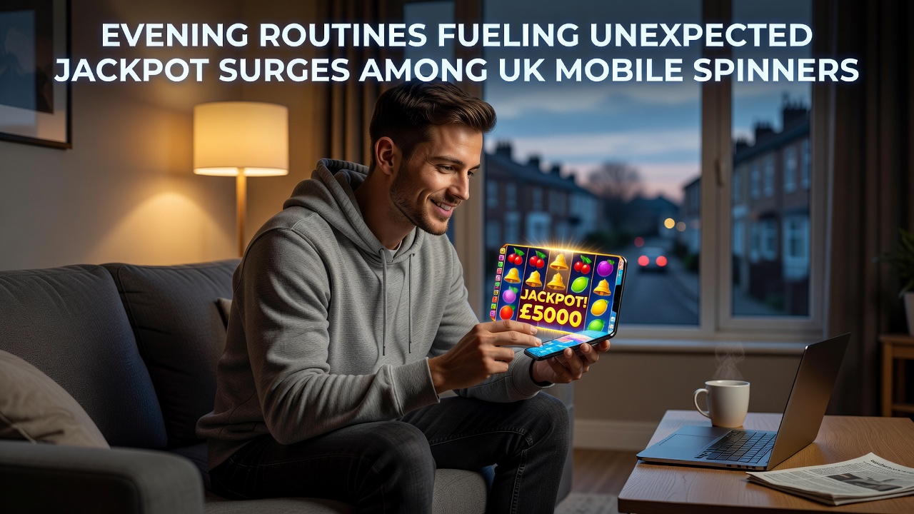 Smartphone screen displaying a mobile slot game during evening hours with payout statistics overlaid