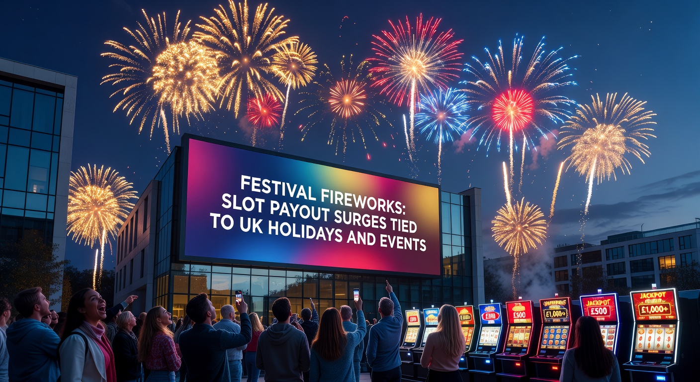 A bustling UK holiday market scene at dusk, featuring colorful festival stalls, fireworks in the background, and illuminated slot machine screens reflecting off excited crowds