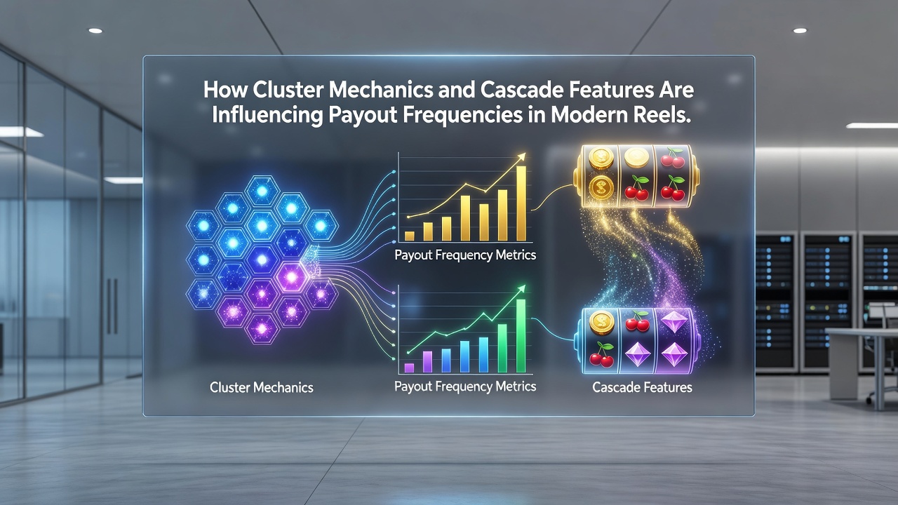 Screenshot of cascading symbols clearing and new icons dropping on a cluster-pay slot interface