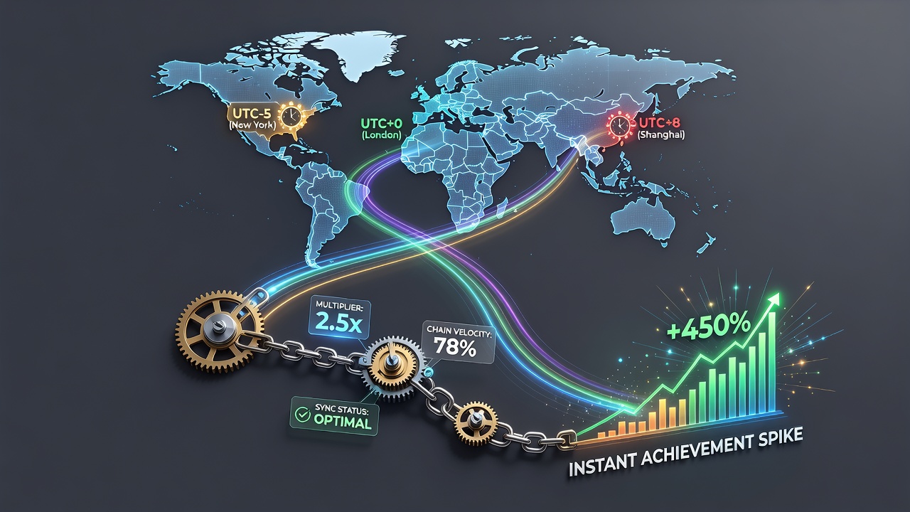 Mobile device screens displaying chained multipliers during overlapping global play sessions