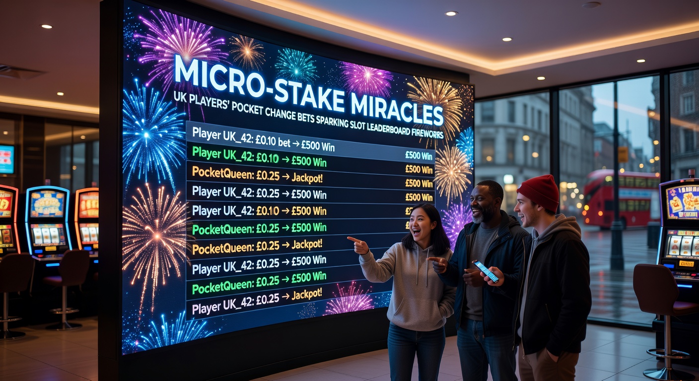 Close-up of a mobile phone displaying a slot leaderboard, with a 1p bet player leading amid colorful fireworks effects
