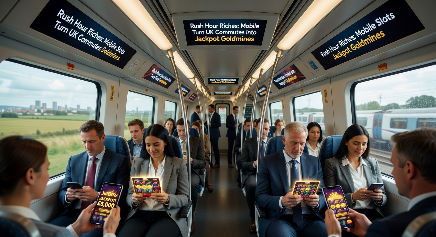 Close-up of a commuter's hand holding a smartphone displaying a glowing slot jackpot win, with a blurred train window and cityscape in the background
