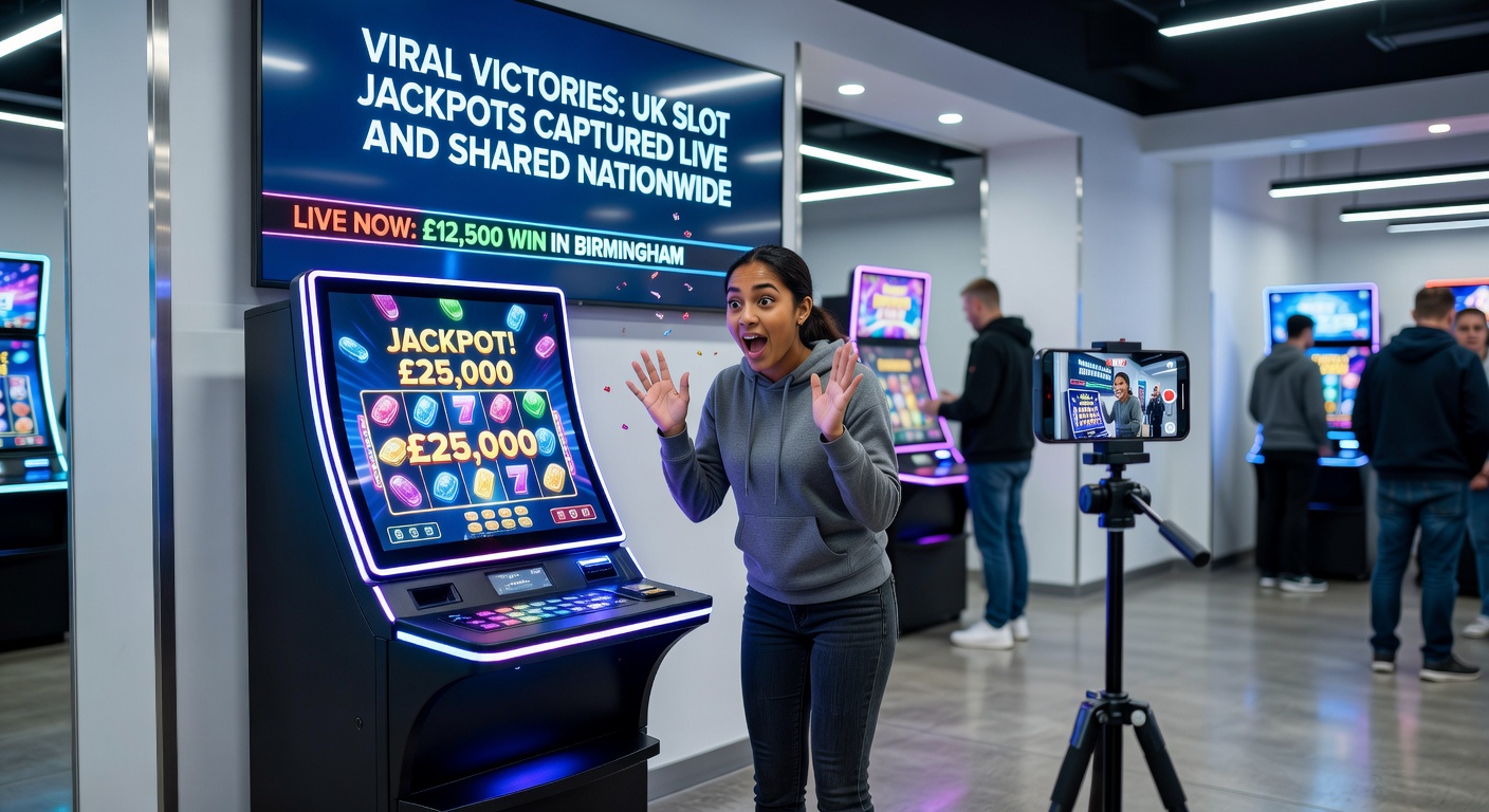 Crowd around a glowing slot screen in a bustling UK betting shop, with a jackpot alert flashing £150,000 and smartphones raised high to film the historic moment